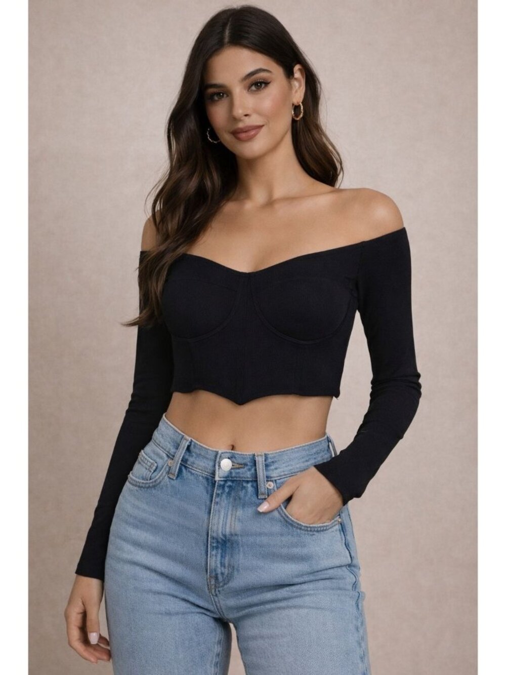 Shein Crop Top Women Small Black Long Sleeve Structured Neckline